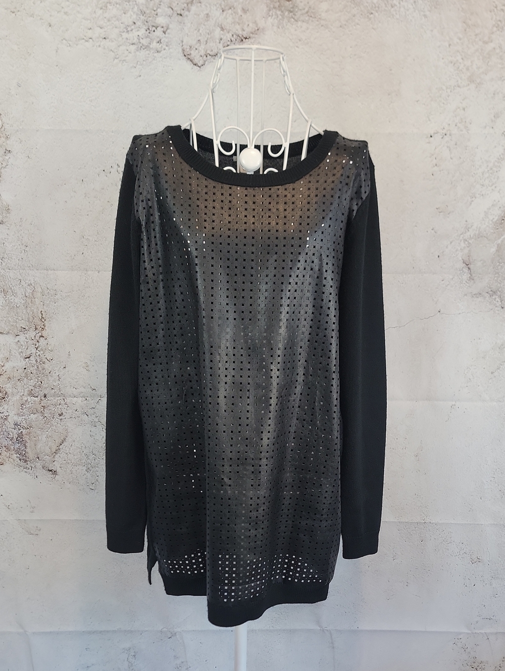 Halogen Black Long Sleeve Faux Leather and Wool Blend Knit Top Womens Size M